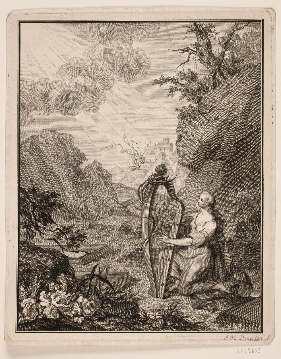 Harpespillende kvinne i fjellandskap av Johan Martin Preisler