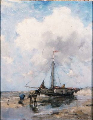 En strandet fiskebåt (bord) av Johan Scherrewitz
