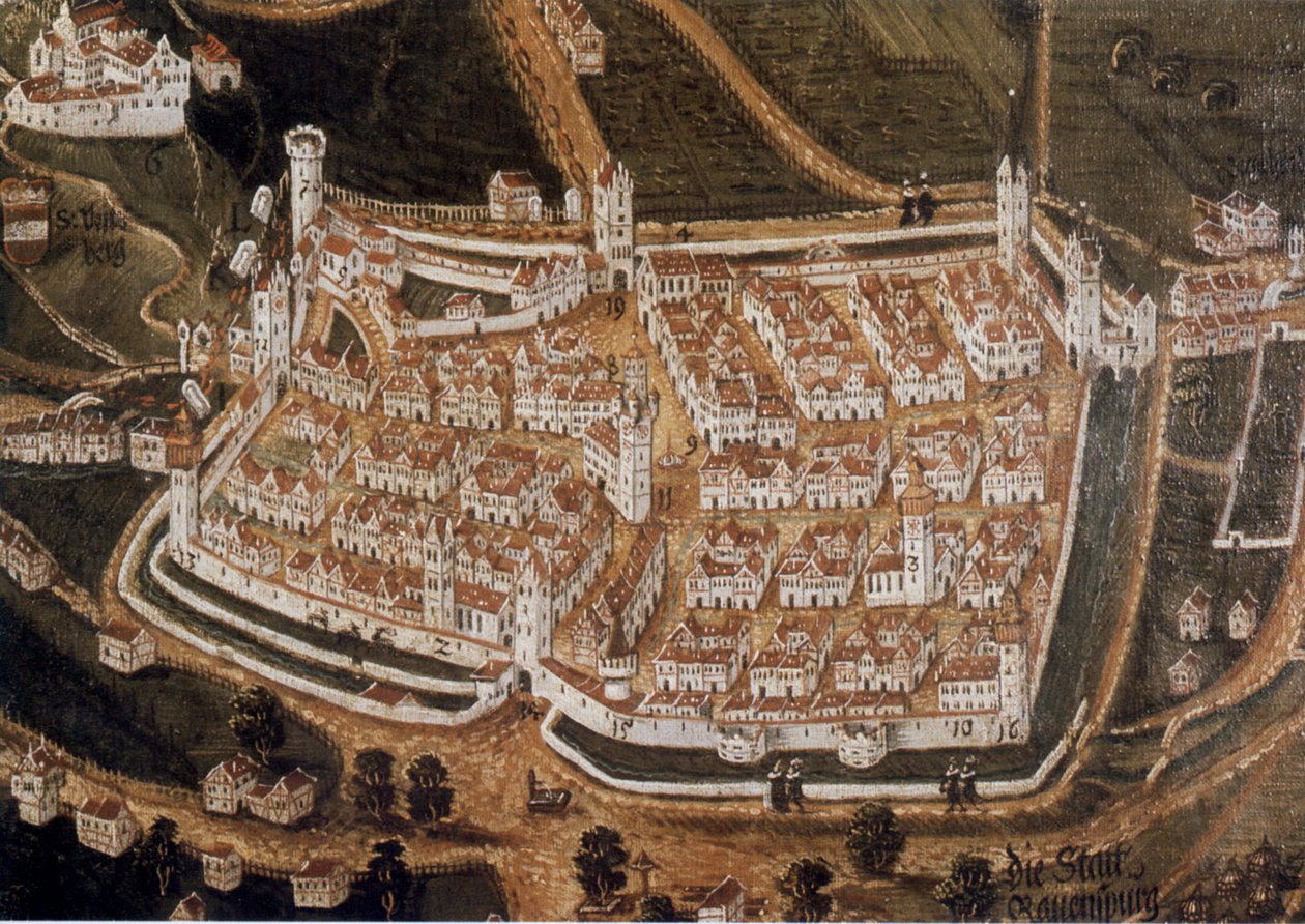Prospekt for Weißenau -klosteret og keiserbyen Ravensburg fra nord av Johann Andreas Rauch