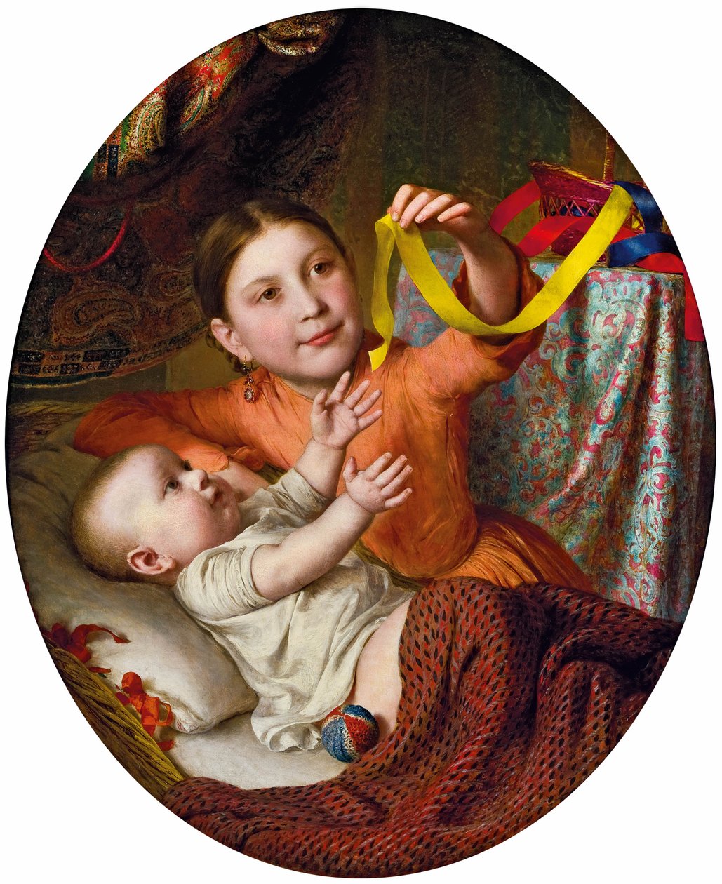 To barn leker med silkebånd. av Johann Baptist Reiter
