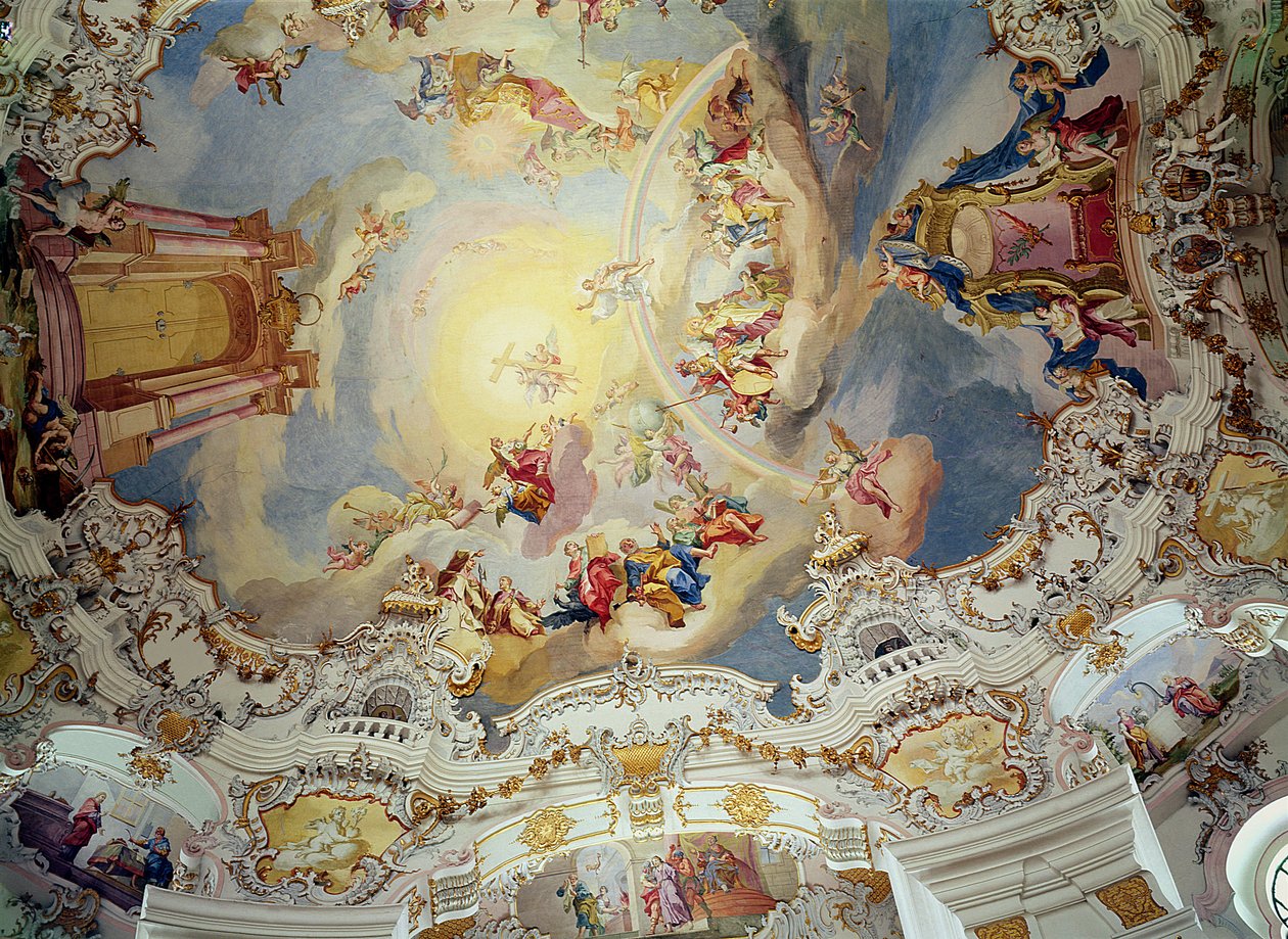 The Last Judgement, takmaleri fra den flate kuppelen til kirken (stukk) av Johann Baptist Zimmermann
