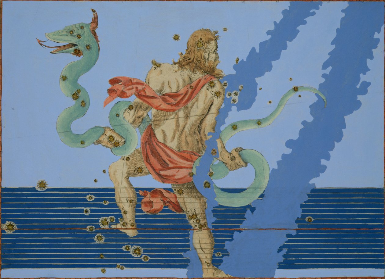 Constellation of Ophiuchus Group, fra 'Uranometria' av Johann Bayer, gravert av Alexander Mair (1559-c.1616) 1603 (håndfarget kobberstikk) av Johann Bayer