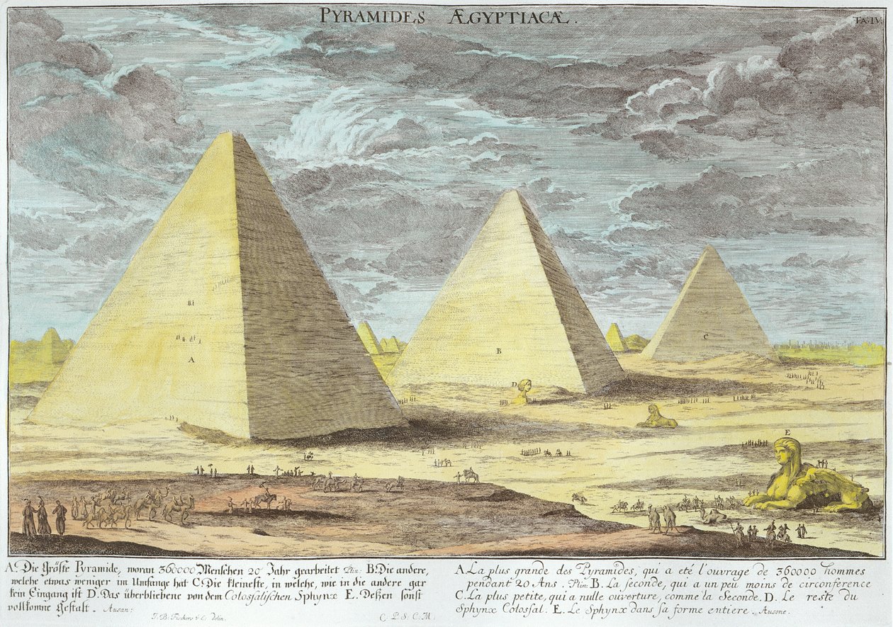 Pyramidene i Egypt, plate 4 fra 'Design of an Historical Architecture', gravert av Johann Adam Delsenbach (1687-1765) 1721 (senere fargelegging) av Johann Bernhard Fischer von Erlach