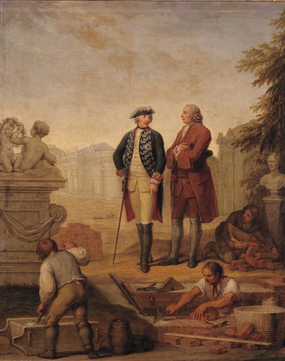 Kong Frederick II av Preussen (1712–86) og markisen av Argens (1704–1771) inspiserte byggingen av Sanssouci i Potsdam av Johann Christoph Frisch