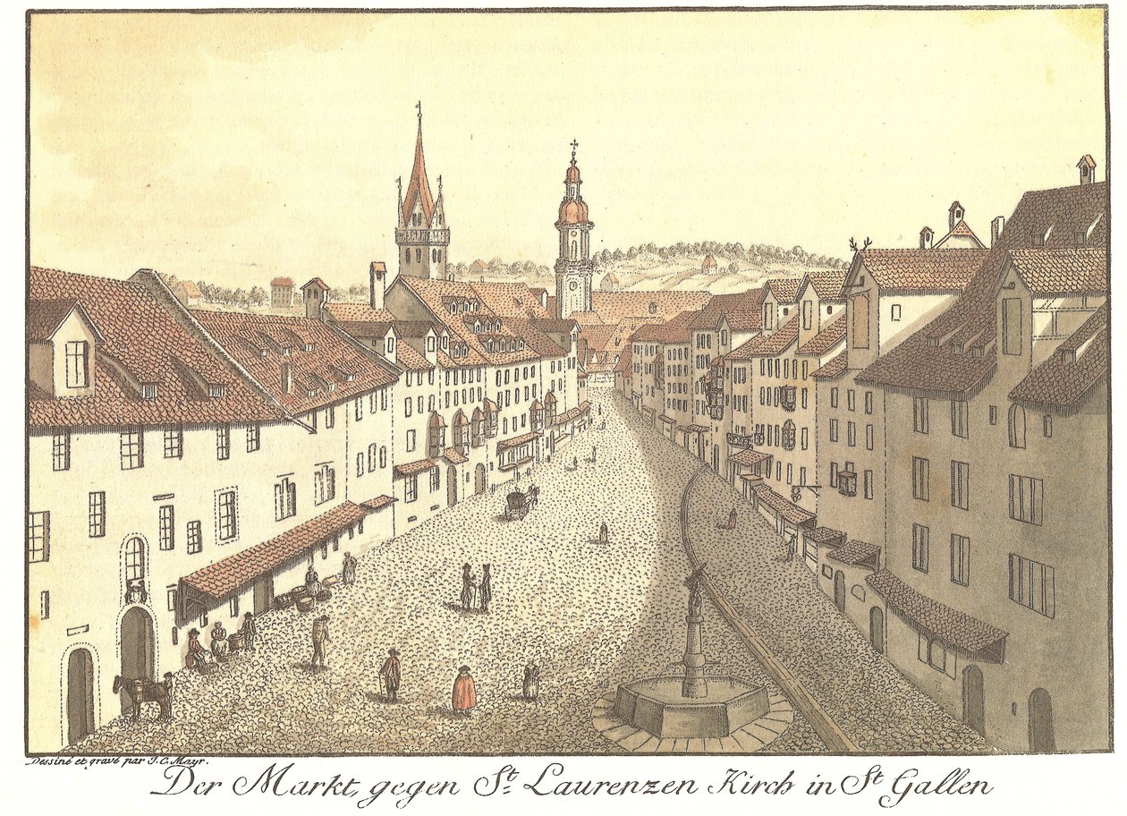 Markedet mot St. Laurenzen Kirch i St. Gallen (original tittel) av Johann Conrad Mayr