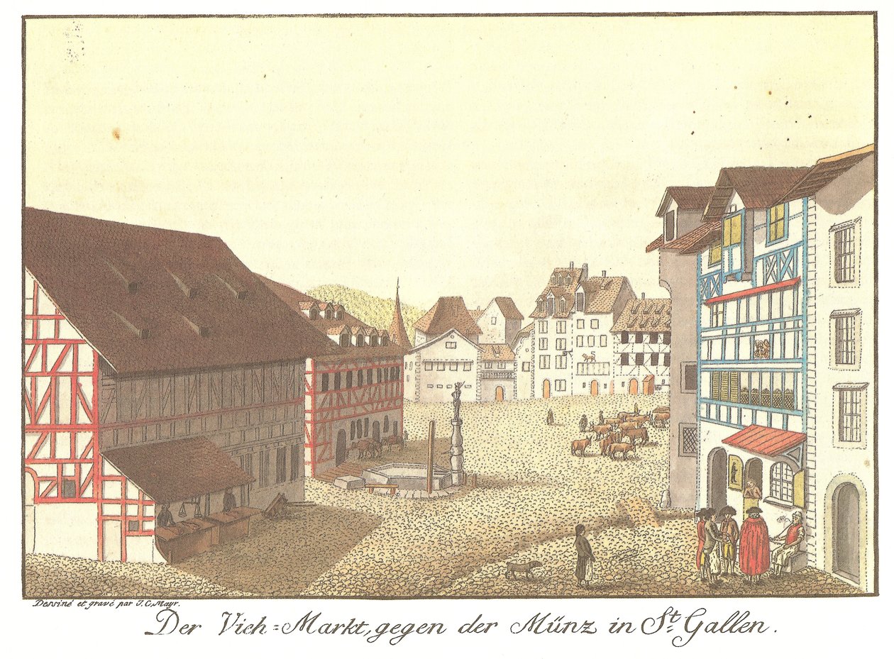 Kvegmarkedet mot mynten i St. Gallen (original tittel) av Johann Conrad Mayr