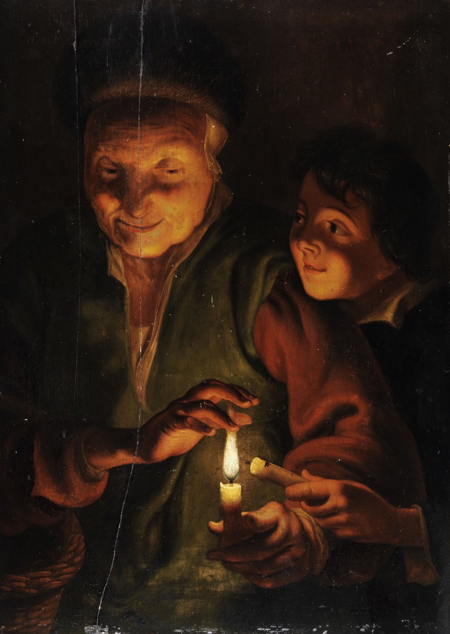 Gammel kvinne med gutt ved levende lys av Johann Georg Trautmann