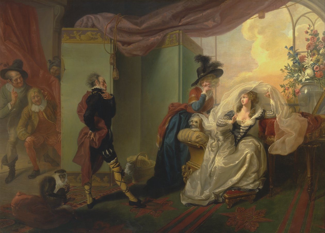 Olivia, Maria og Malvolio fra Twelfth Night, Act III, Scene iv av Johann Heinrich Ramberg