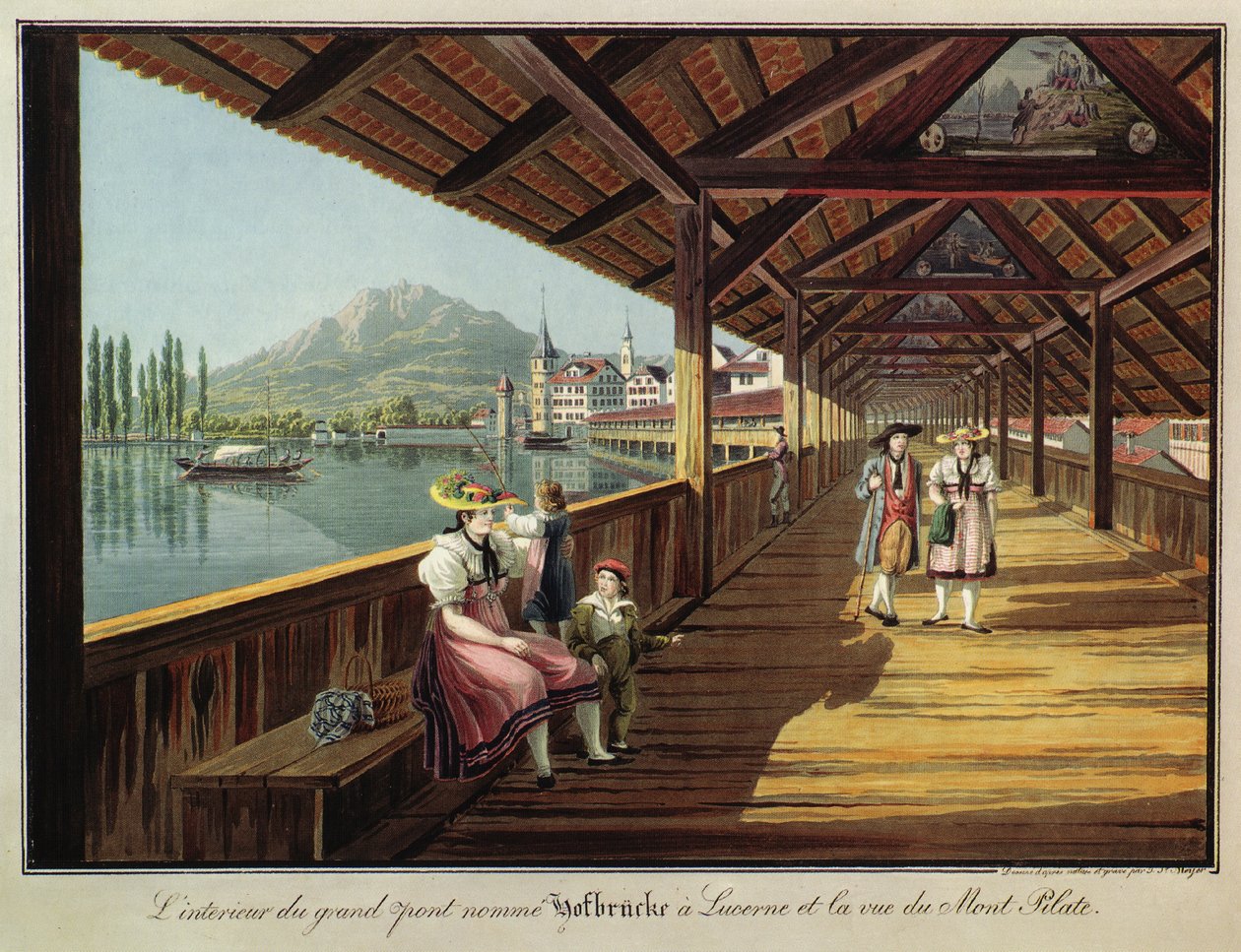 Interiøret i den store broen kalt Hofbrücke ved Lucerne og utsikt over Mount Pilatus av Johann Jakob Meyer