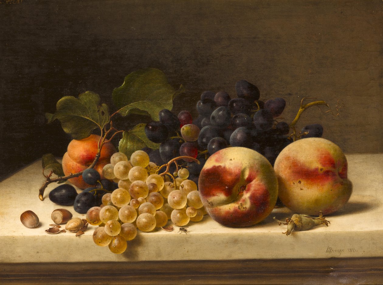 Stilleben med plommer, druer og hasselnøtter av Johann Wilhelm Preyer