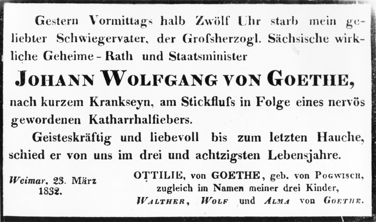 Johann Wolfgang von Goethes dødsmelding, 1832 (trykk) av Johann Wolfgang von Goethe