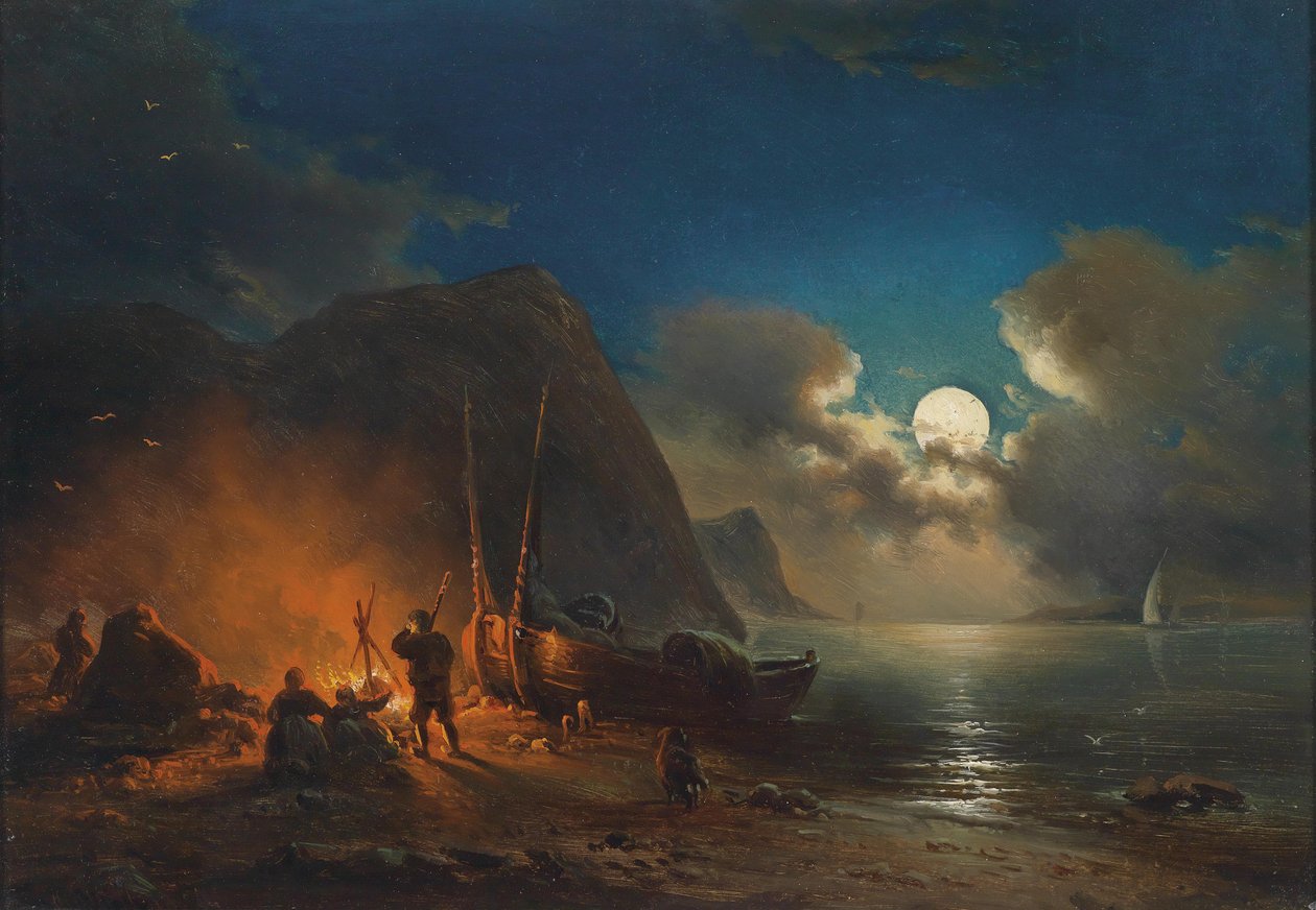 Romantisk leirbål i måneskinnet av Johann Anton Castell