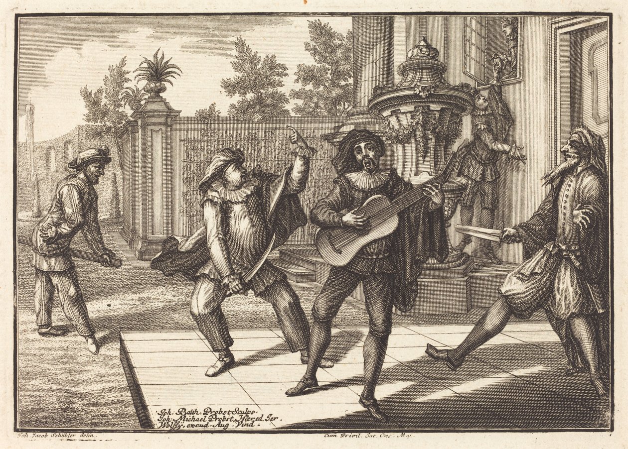Scaramouche distraherer Pantalon av Johann Balthasar Probst after Johann Jacob Schübler