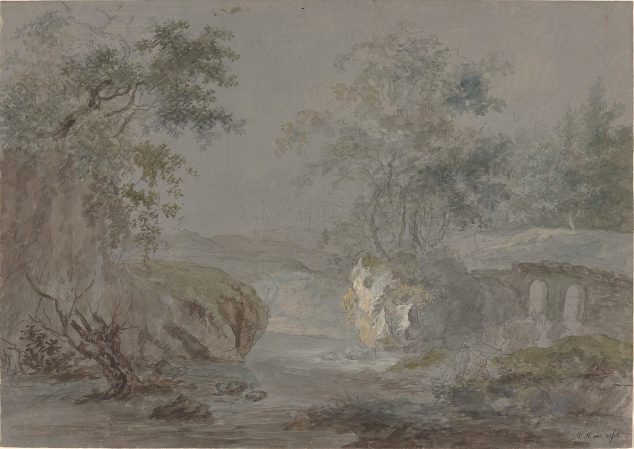 Skogkledde klipper langs en elvebredd av Johann Caspar Huber