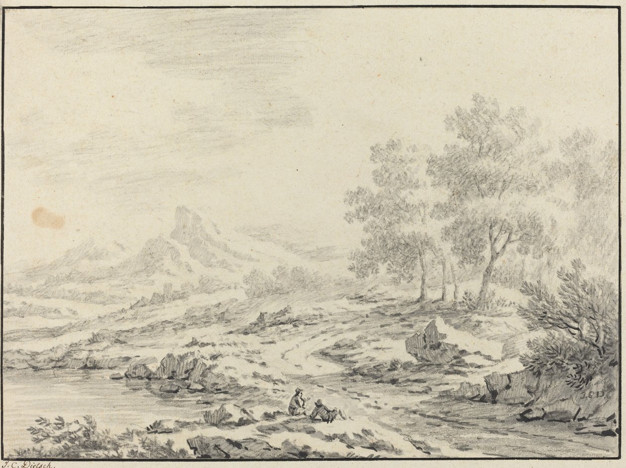 To menn hviler nær en innsjø. av Johann Christoph Dietzsch