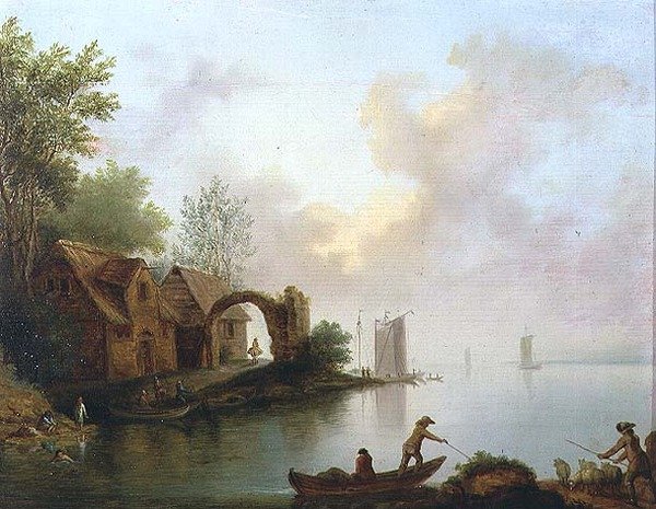 Skogkledd elvelandskap med båtmenn av Johann Heinrich Wust