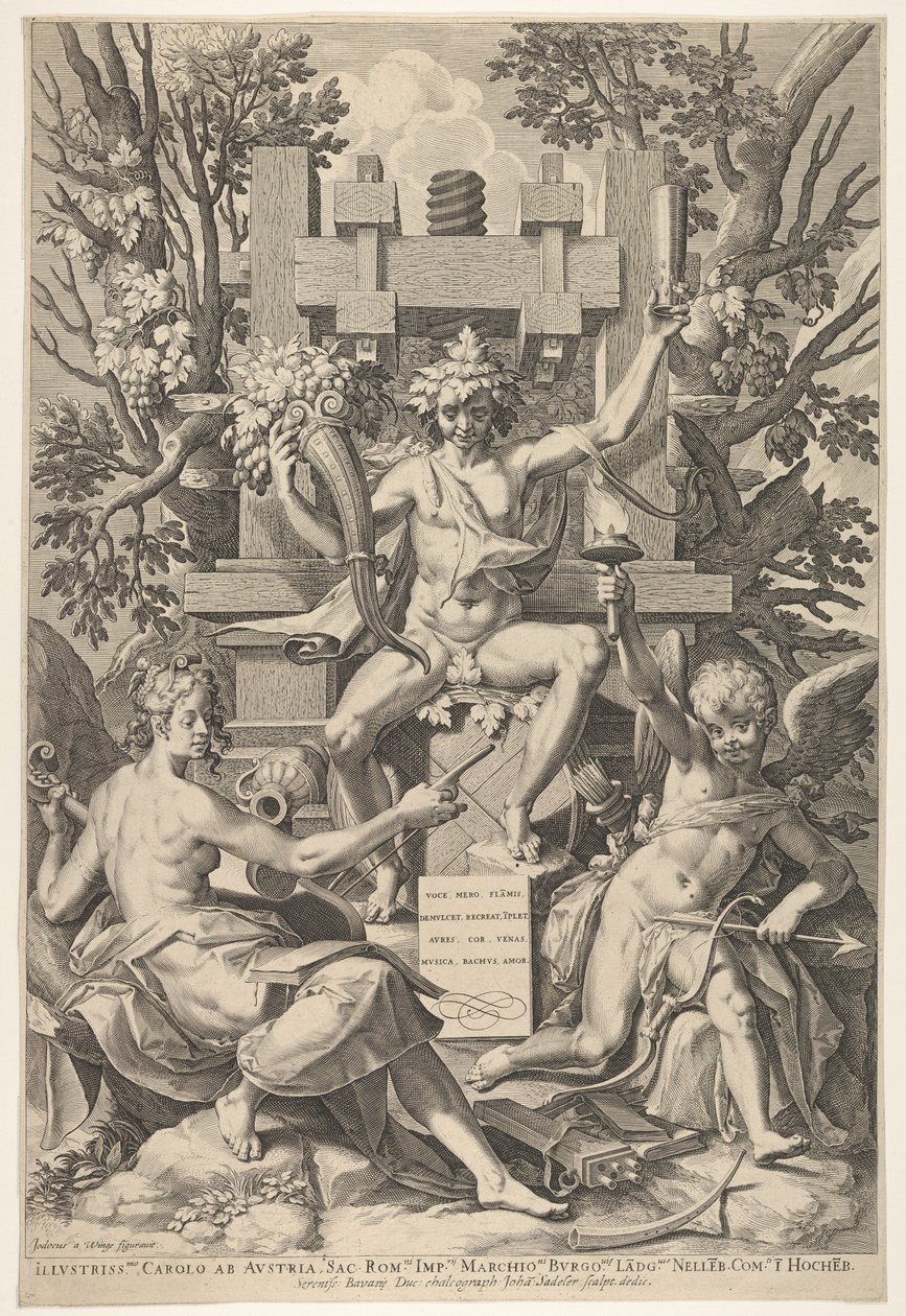 Bacchus, musikk, amor, 1575-1600. av Johann Sadeler I