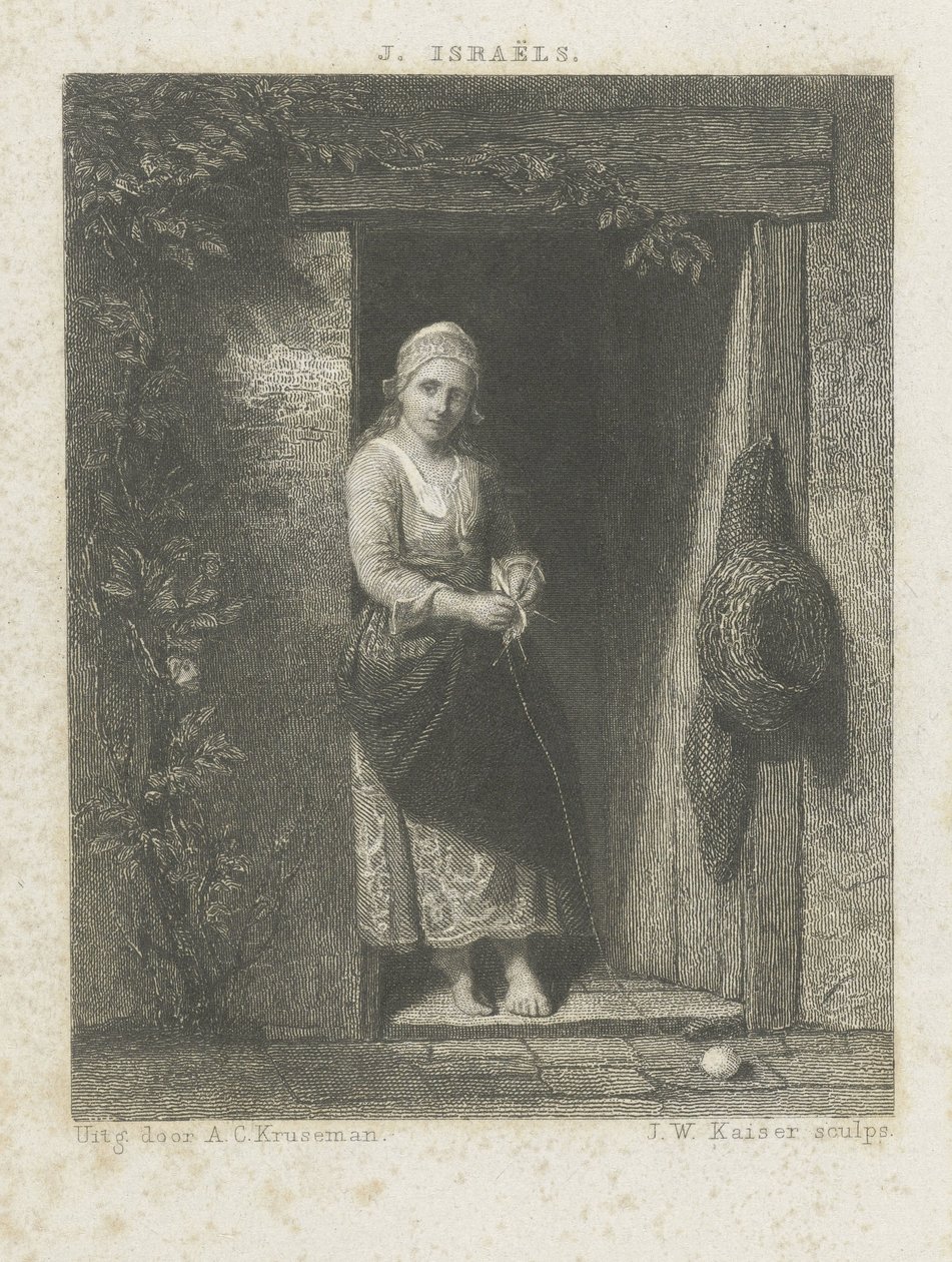 Ung kvinne med strikking av Johann Wilhelm Kaiser (I)