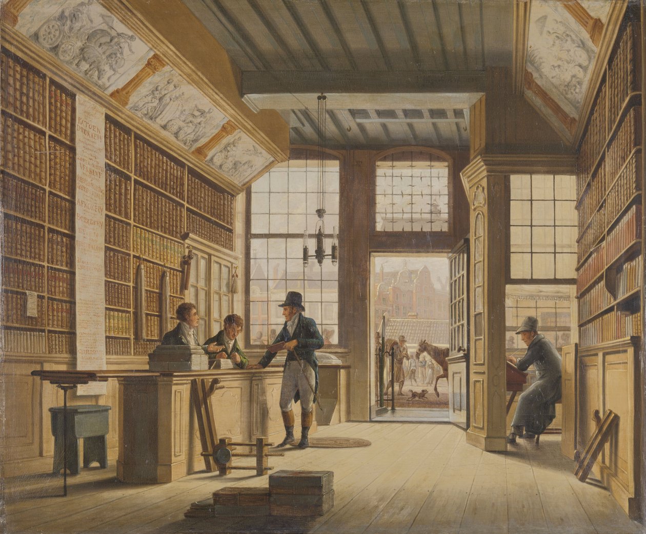 Butikken til bokhandleren Pieter Meijer Warnars på Vijgendam i Amsterdam, 1820 av Johannes Jelgerhuis