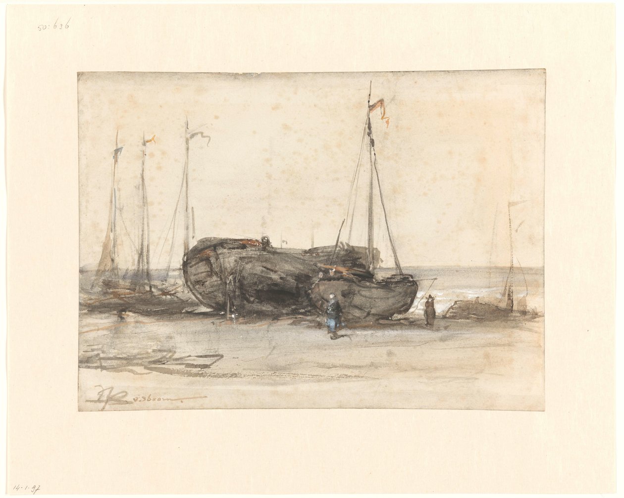 Fiskebåter på stranden i Scheveningen av Johannes Bosboom