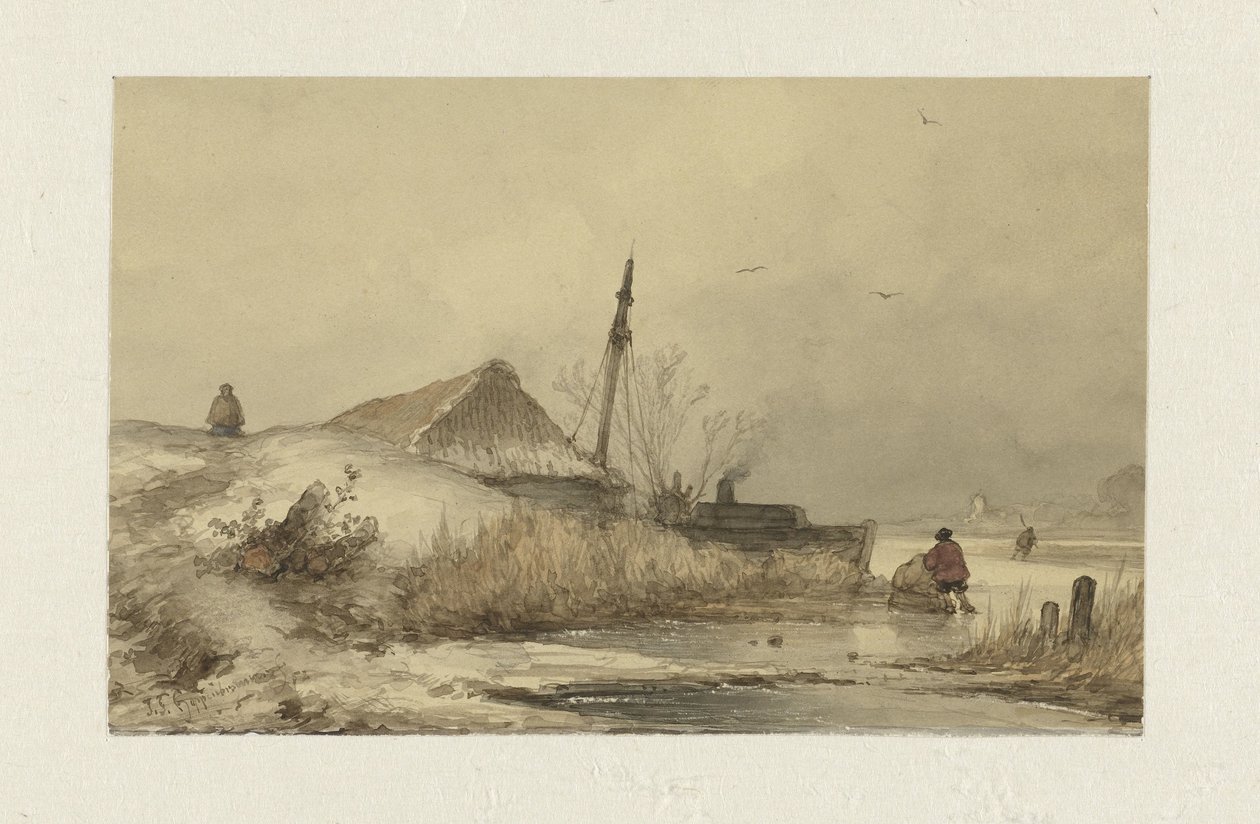 Vinterlandskap med gård på grøft av Johannes Franciscus Hoppenbrouwers