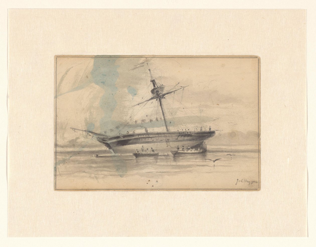 Seilskute med to robåter av Johannes Huygens (signed by artist)
