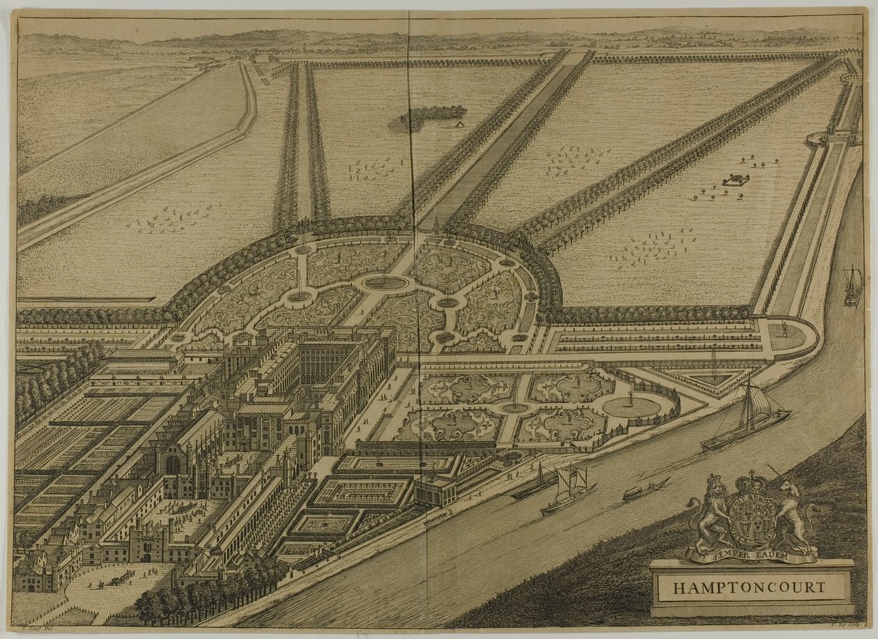 Hampton Court, plate seks fra Britannia Illustrata av Johannes Kip