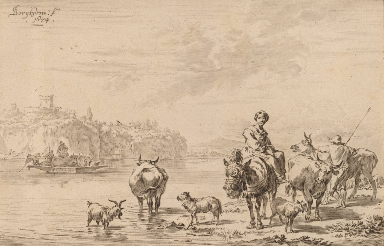 Kvinne sitter på et muldyr, 1769. av Johannes Kornlein