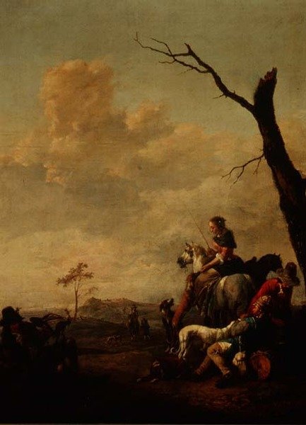 Hvil etter jakten (panel) av Johannes Lingelbach