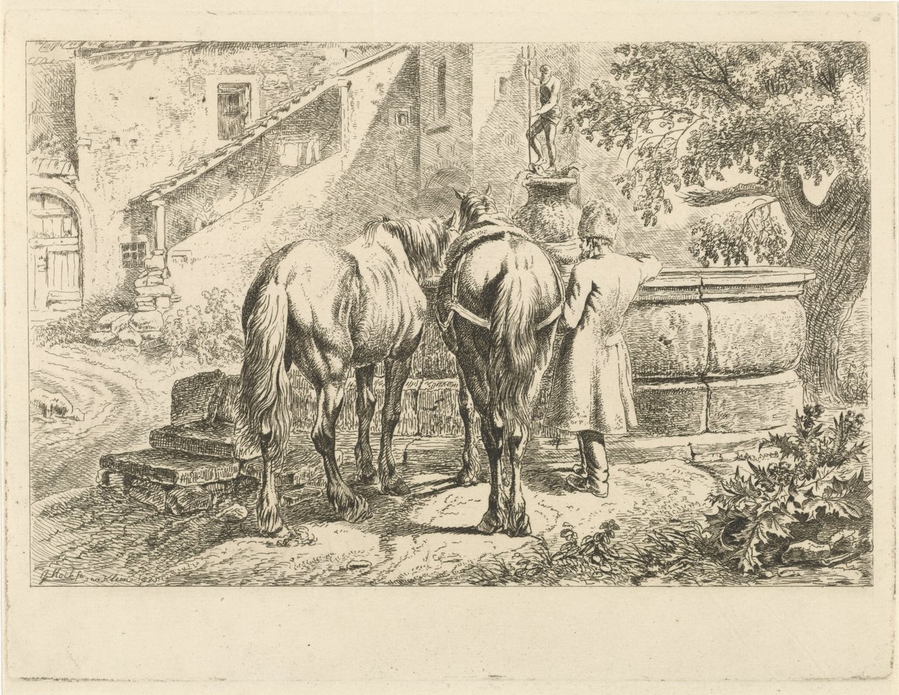 Drikkehester ved en fontene av Johannes Mock