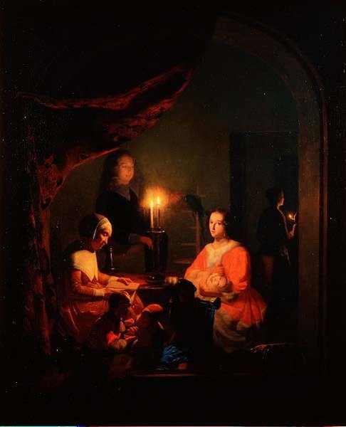 En familie i et interiør med levende lys av Johannes Rosiere