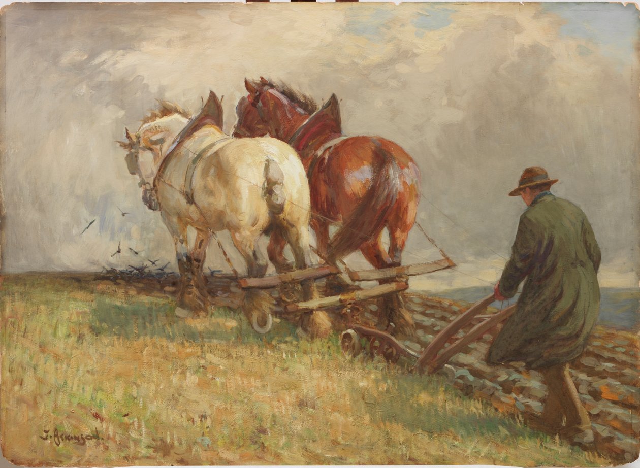 Pløying, ca. 1900-19 (tempera på papir) av John Atkinson