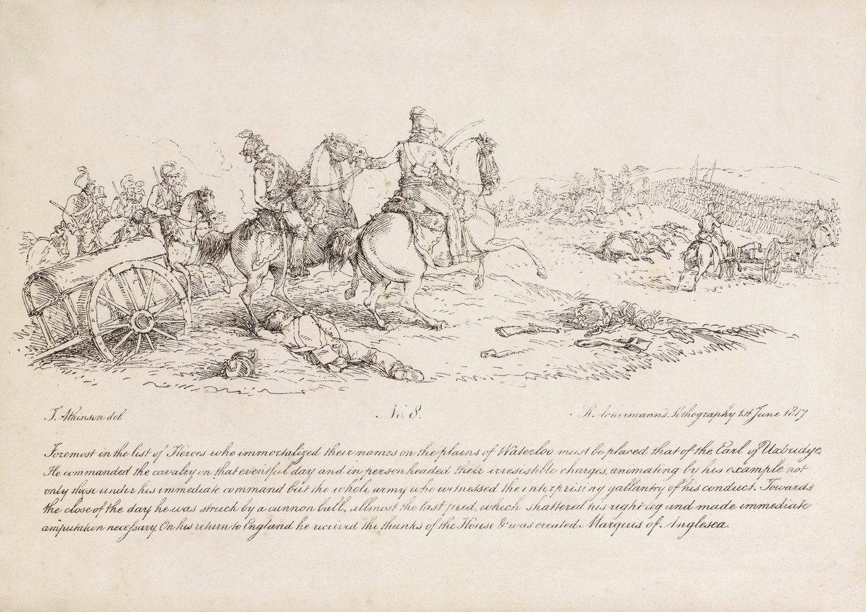 Jarlen av Uxbridge som leder en anklage for kavaleri i slaget ved Waterloo, hans høyre ben har nettopp blitt truffet av en kanonkule, litografi av R. Ackermann, 1815 av John Augustus Atkinson