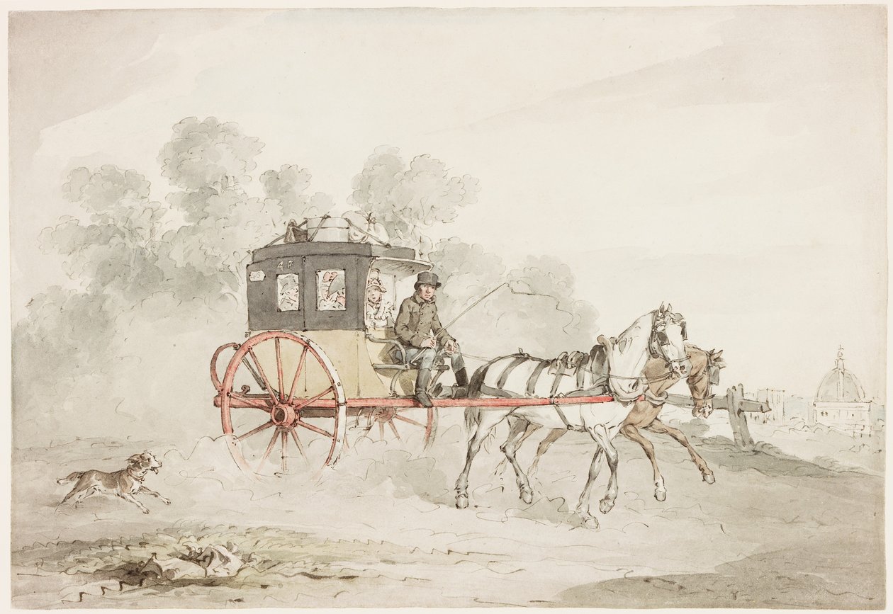 Postvognen (blekk, blyant og wc på papir) av John Augustus Atkinson