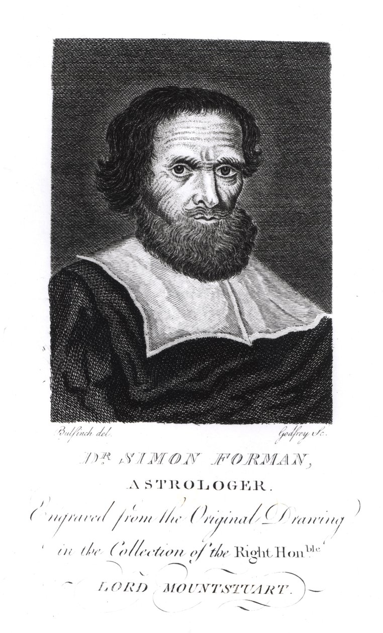 Portrett av Dr Simon Forman (1552-1611) gravert av Godfrey (bw foto) av John Bulfinch