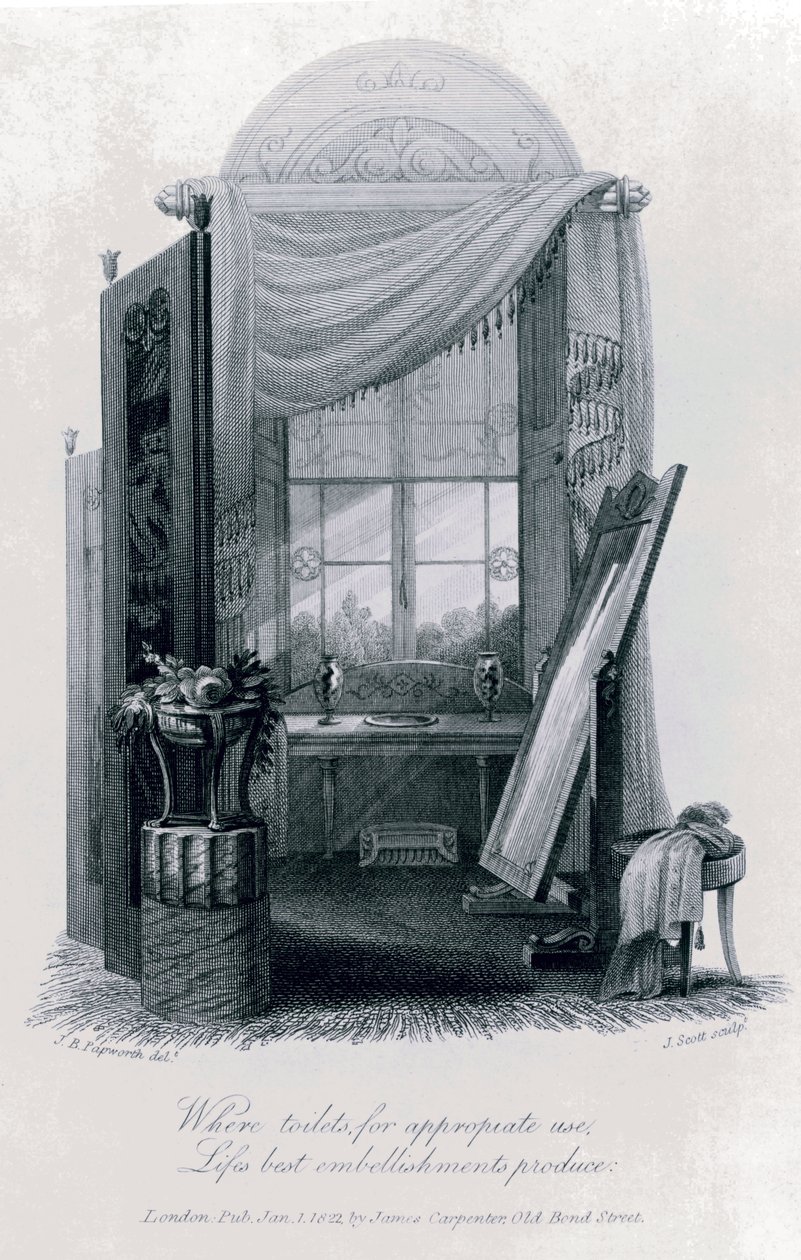 Design for Gercian Furniture (Dressing Room) av JB Papworth fra The Social Day av Peter Coxe, 1823, gravering av John Buonarotti Papworth
