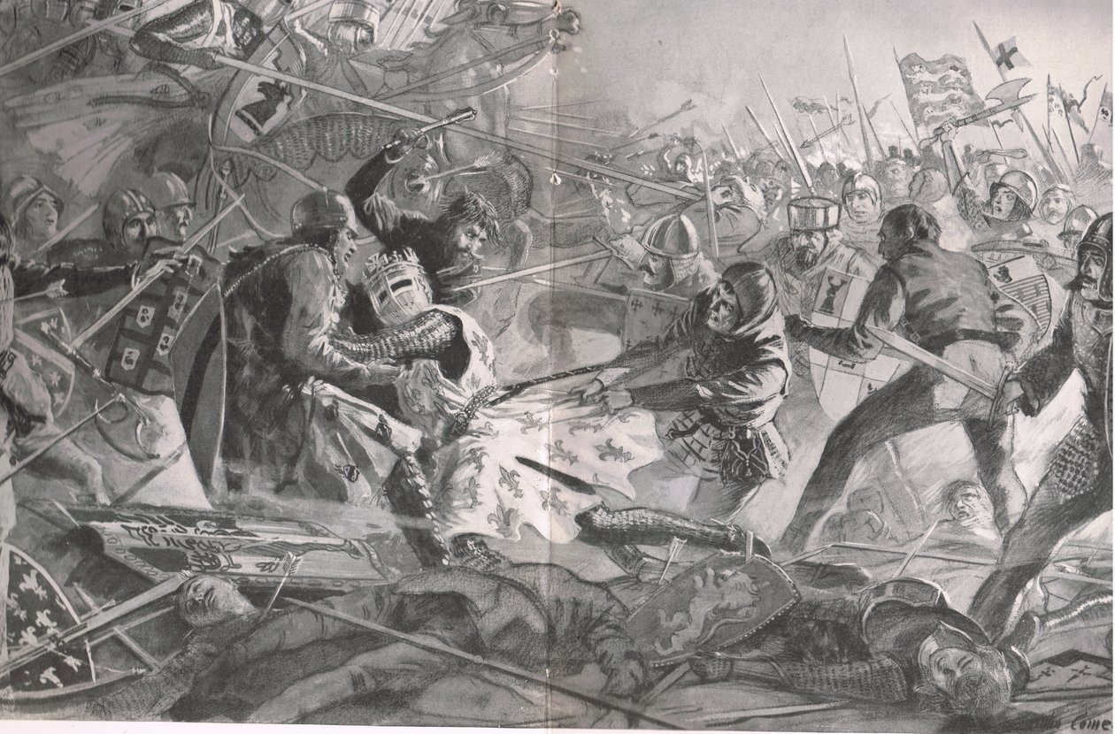 Philip stormet igjen og igjen til han ble dratt av hesten av det engelske infanteriet, illustrasjon fra 