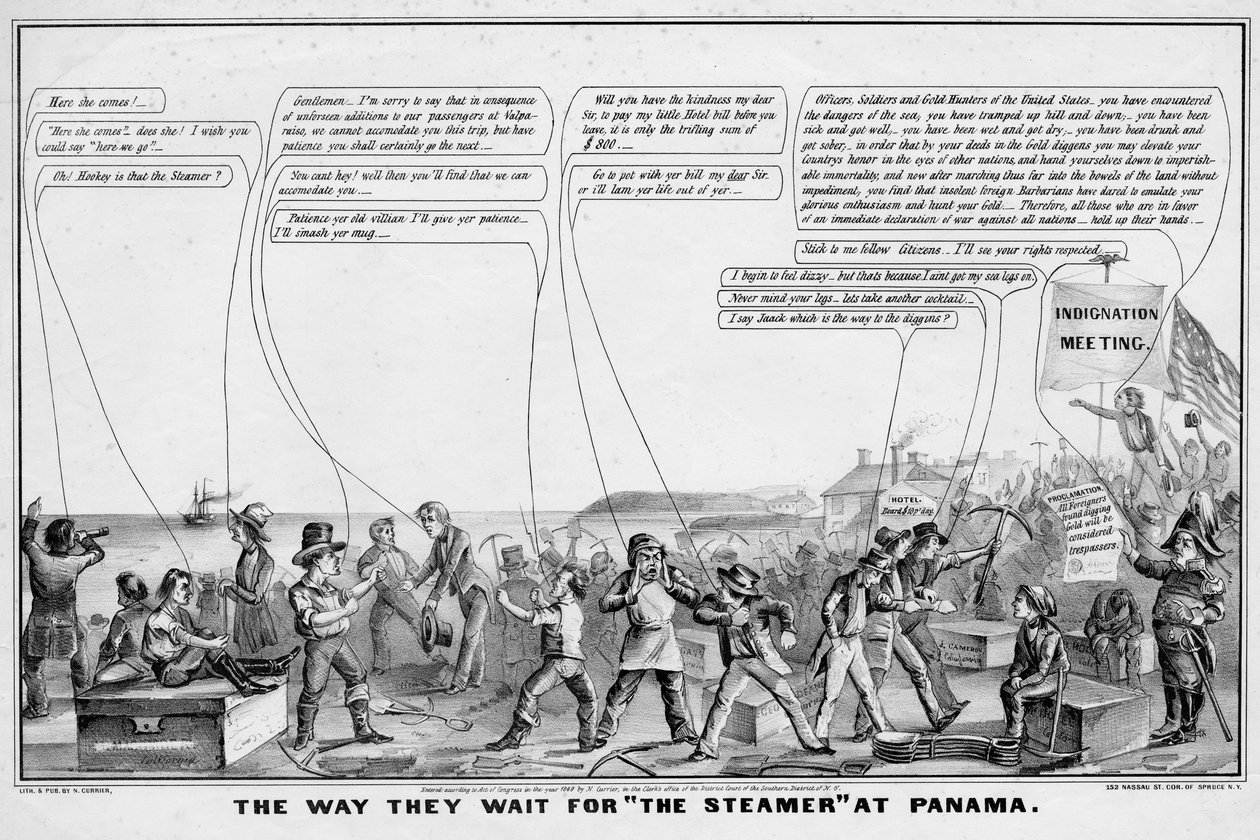 Måten de venter på The Steamer at Panama, utgitt av N Currier, New York, 1849 av John Cameron