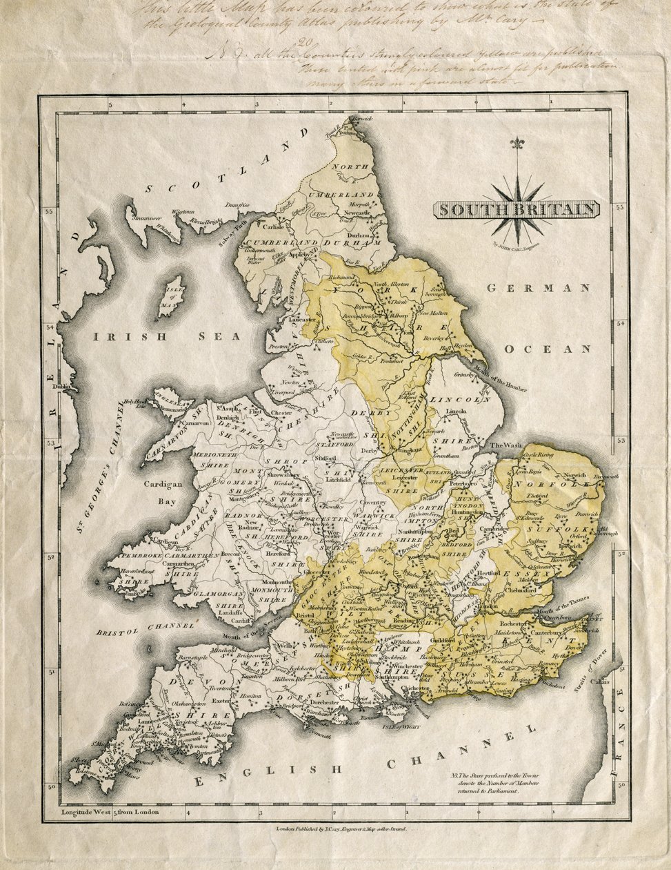 Kart over Sør-Storbritannia, farget for å vise geologiske områder av interesse, kommentert av William Smith (1769-1839) av John Cary