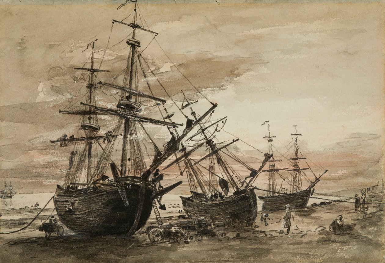 Coal Brigs på Brighton Beach, ca. 1824 (wc over svart bly på papir) av John Constable