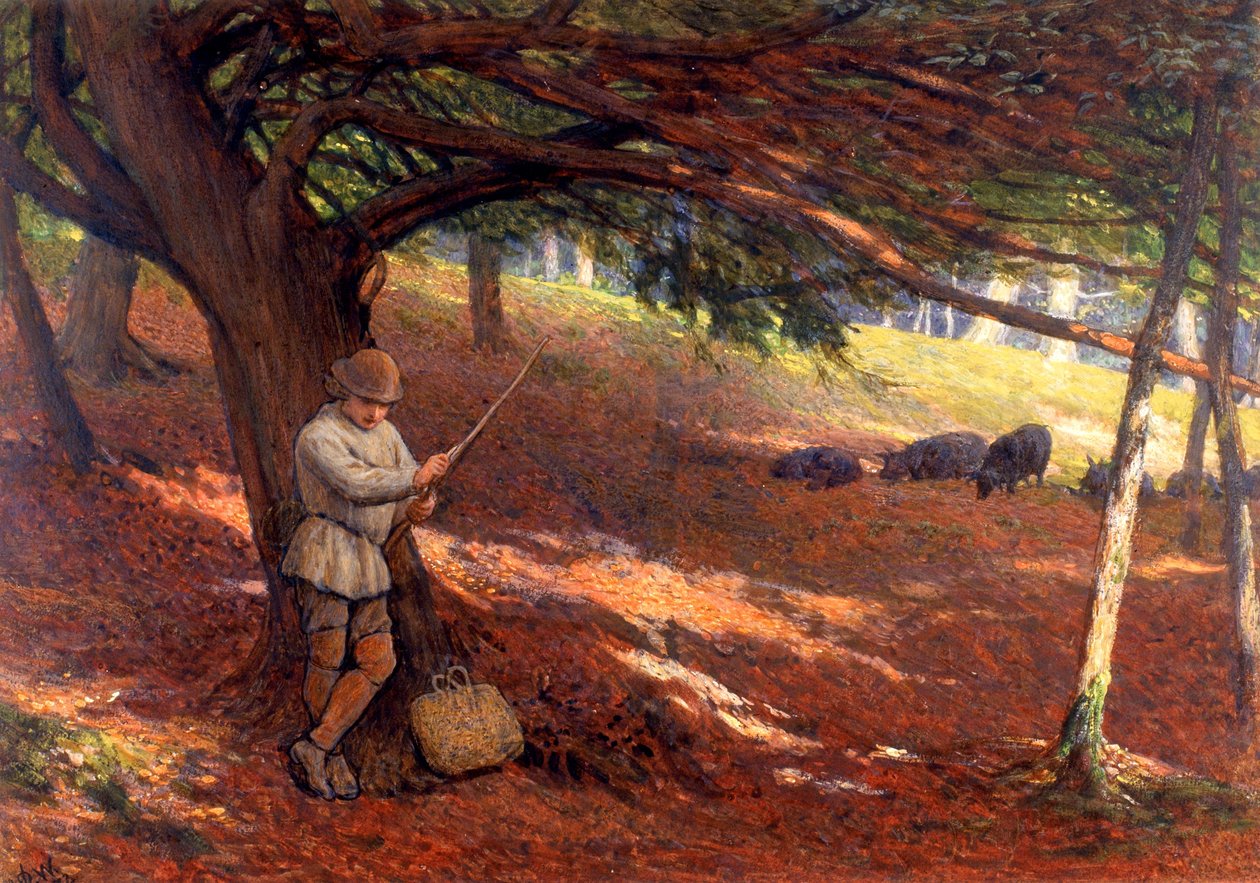 The Swineherd (kroppsfarge på papir (limt om bord)) av John Dawson Watson