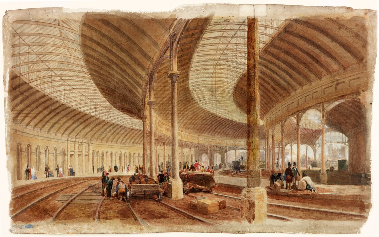 Interiør av sentralstasjonen, Newcastle upon Tyne (f.Kr., blyant og wc på papir) av John Dobson