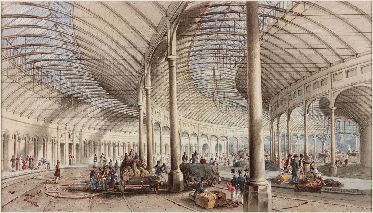 Interiør av sentralstasjonen, Newcastle upon Tyne (f.Kr., blyant og wc på papir) av John Dobson