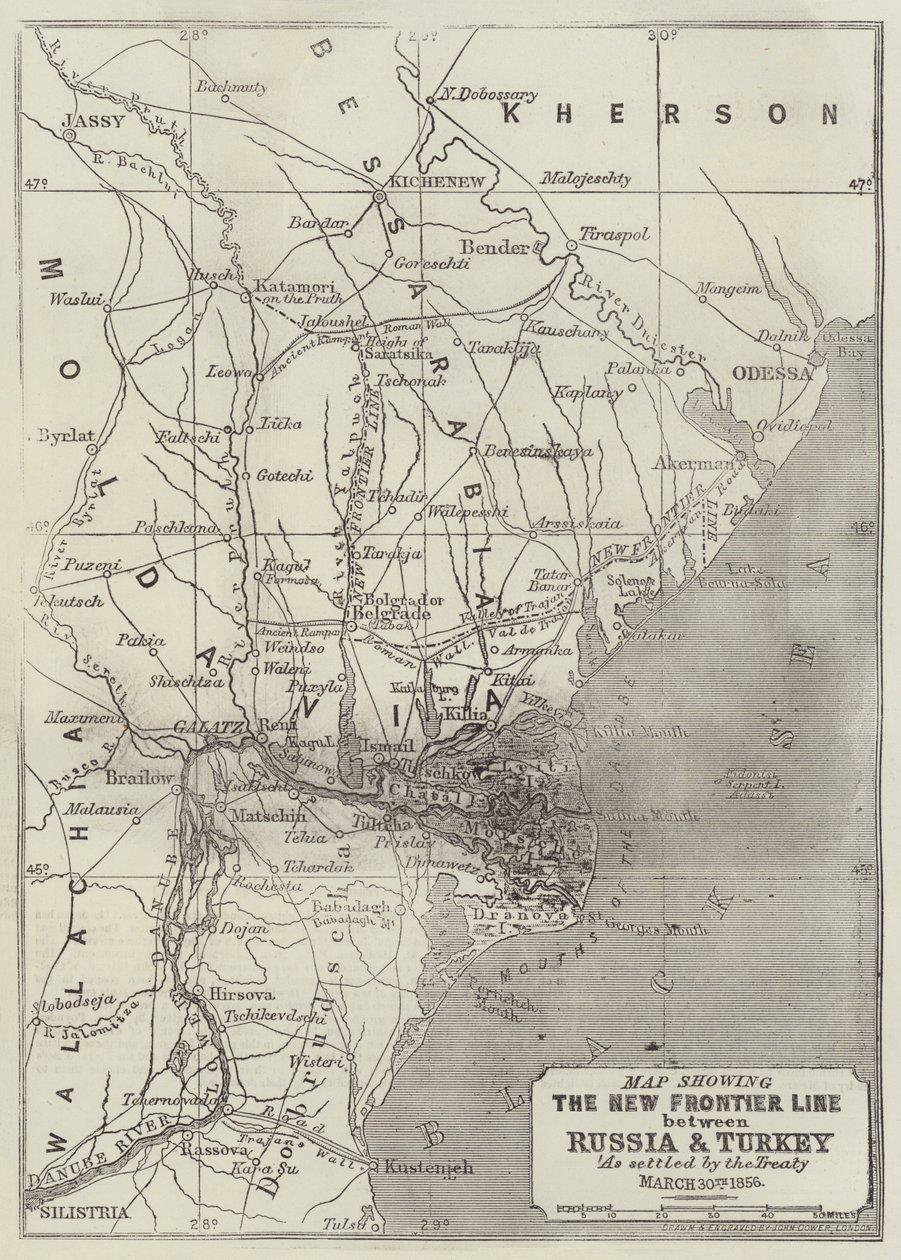 Kart som viser den nye grenselinjen mellom Russland og Tyrkia som fastsatt ved traktaten, 30. mars 1856 av John Dower