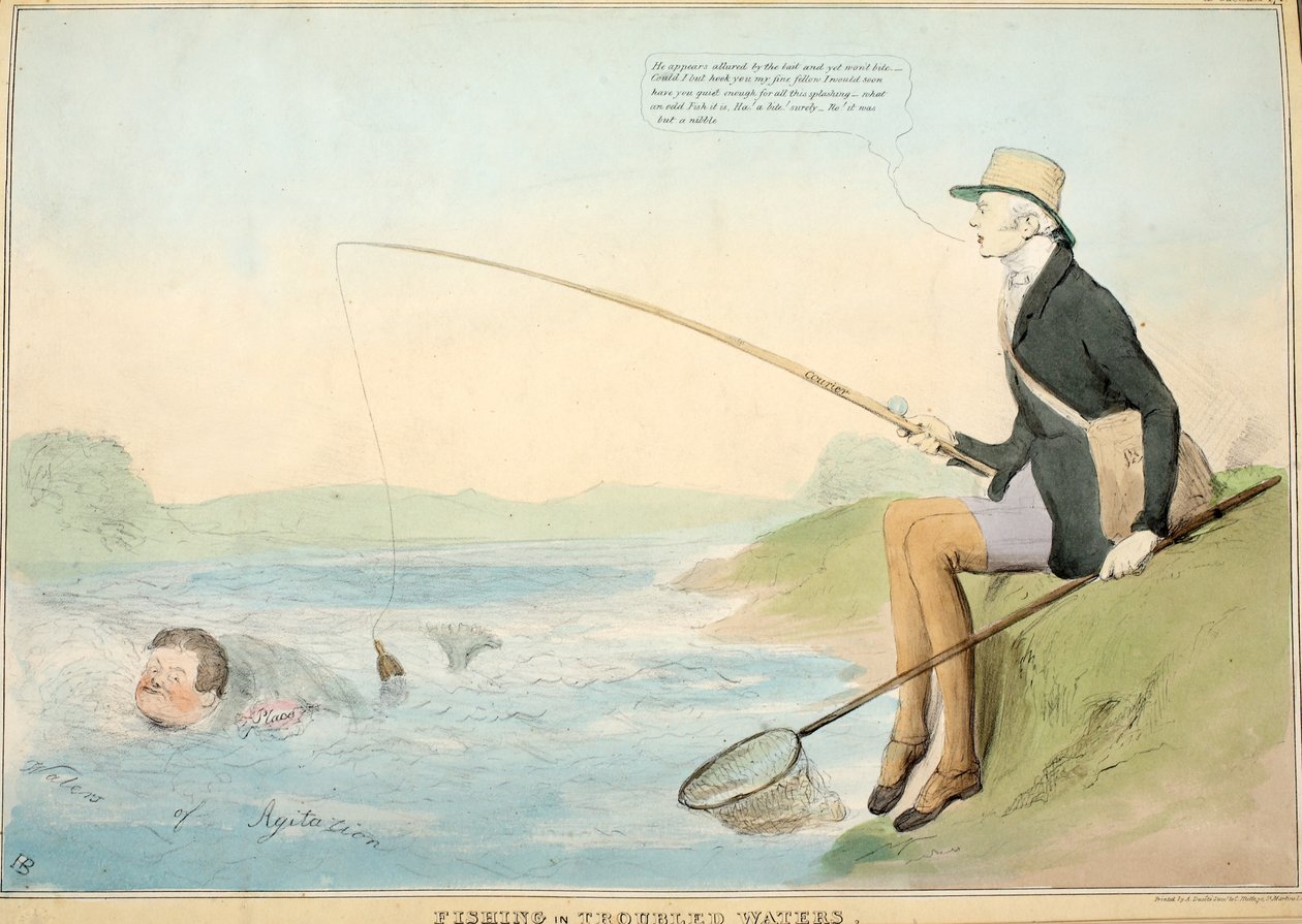Fiske i urolig vann, pub. 1832 (håndfarget etsning) av John Doyle