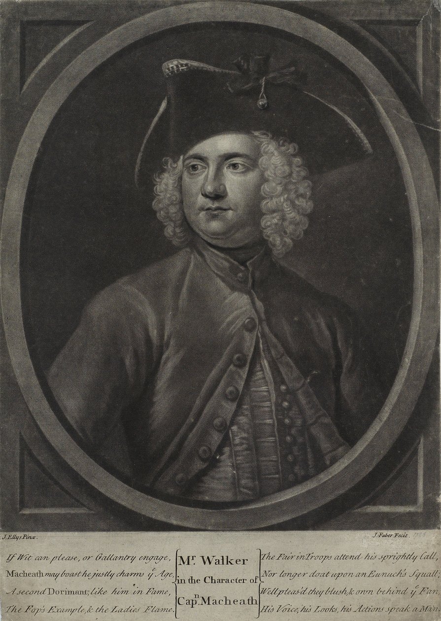 Mr. Walker in the Character of Captain Macheath, gravert av John Faber the Younger (ca. 1695-1756), 1728 (mezzotint) av John Ellys