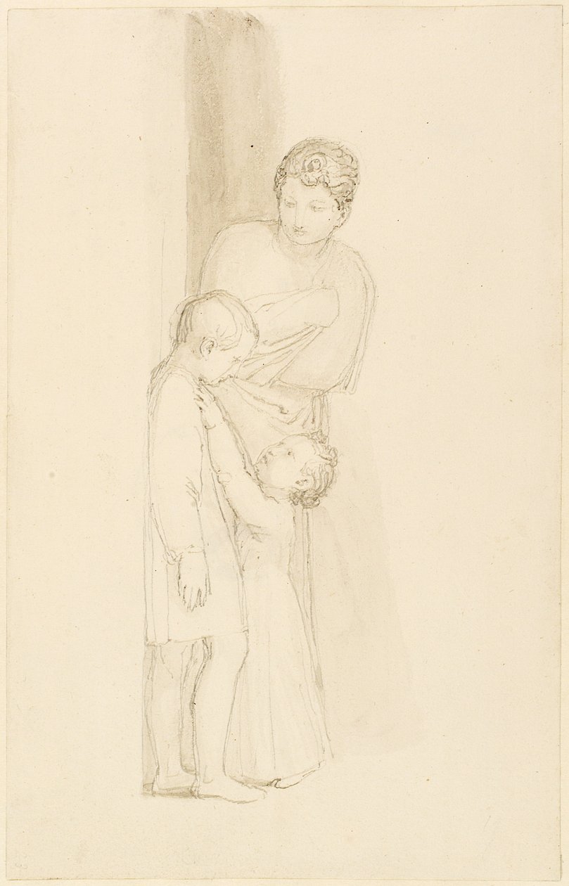 A Woman standing behind a Small Child (pencil, pen, ink und wash on paper) av John Flaxman