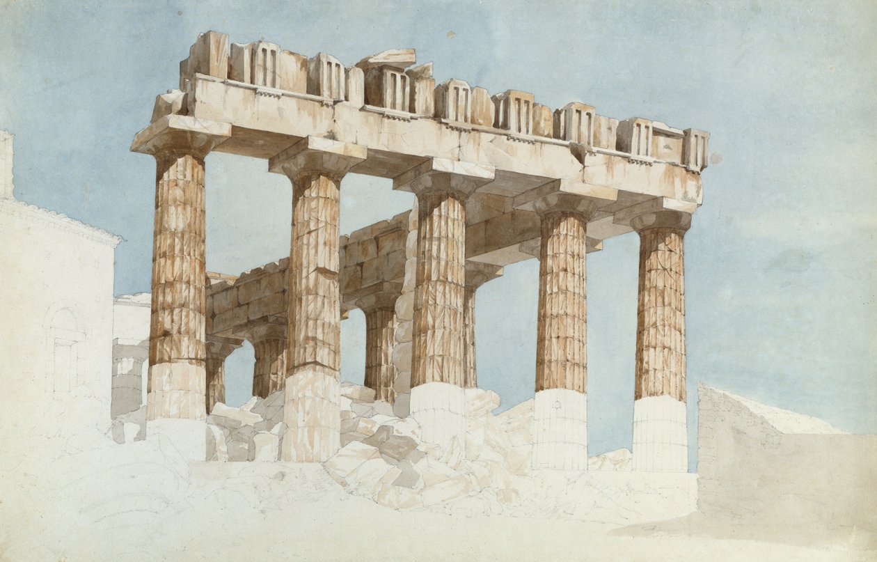 East End og South Side of the Parthenon, ca. 1813 (wc og grafitt på papir) av John Foster