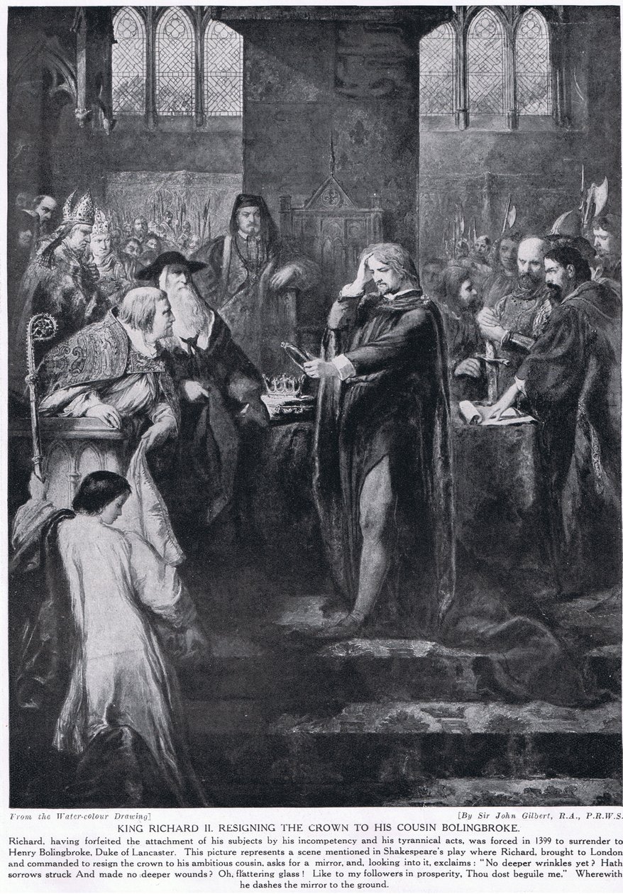 Kong Richard II gir fra seg kronen til sin fetter Bolingbroke, illustrasjon fra 