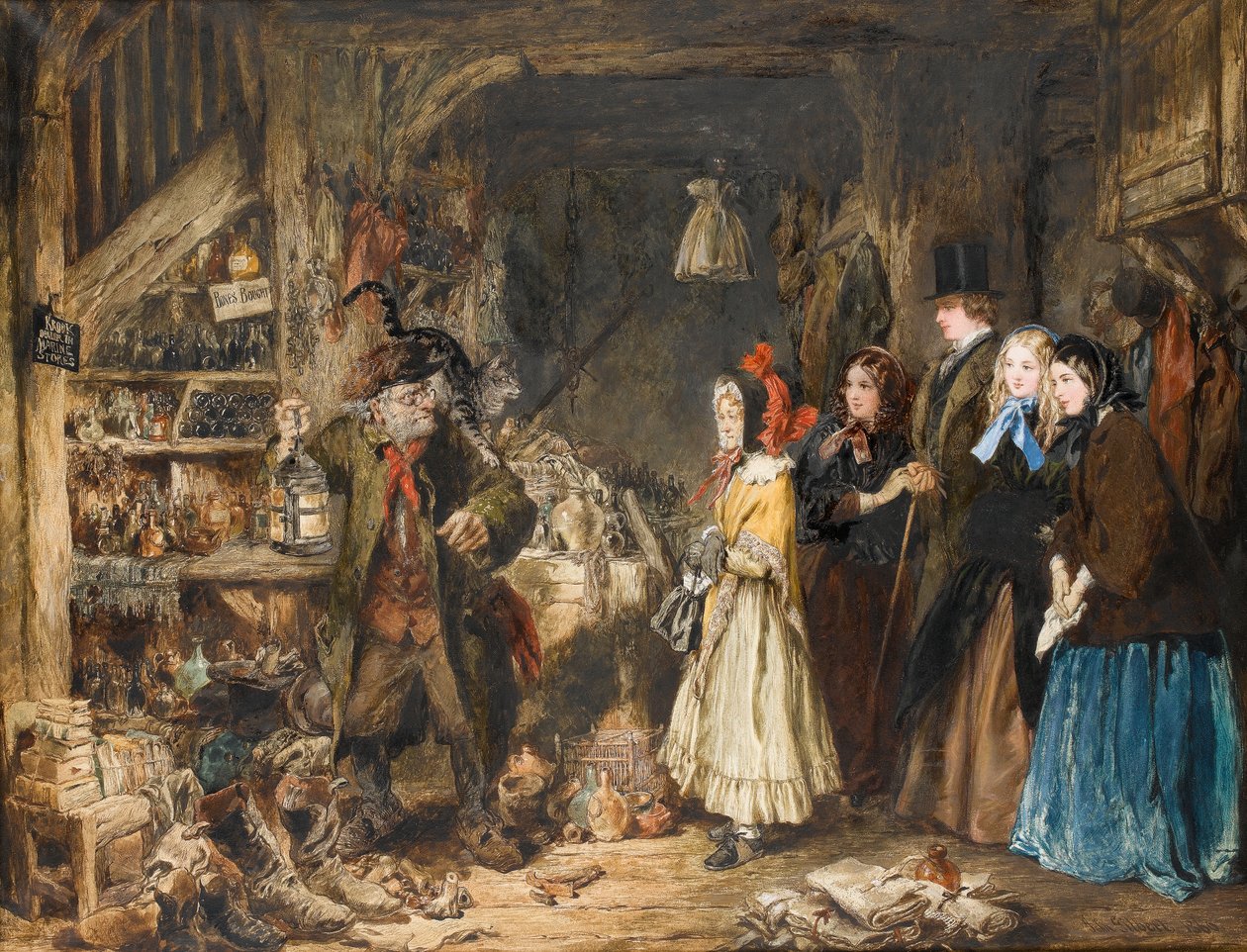 Miss Flite introduserer avdelingene i Jarndyce for Krook, The Lord Chancellor, en scene fra Bleak House av Charles Dickens, ca. 1860 (wc på papir) av John Gilbert